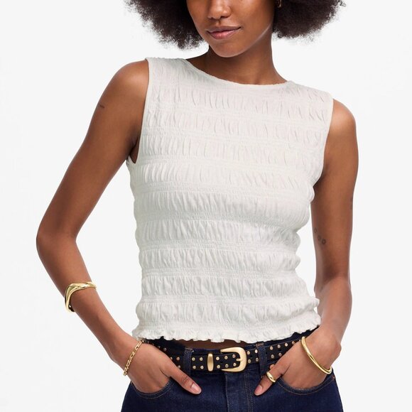 Madewell Tops - Madewell Smocked Cotton Linen Blend Ruffle Hem Boatneck Tank White Size M NWT